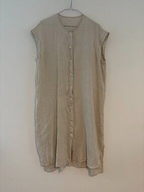 Muji Linen French Sleeve Button Dress in Beige M